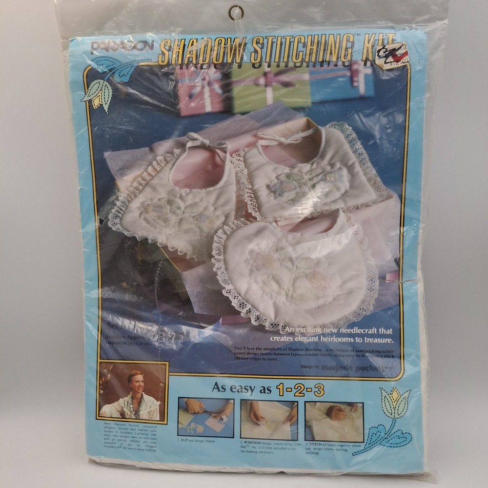 Paragon Shadow Stitching Kit Set Of 3 Bibs No. 0234 By Marjorie Pucket Pastels